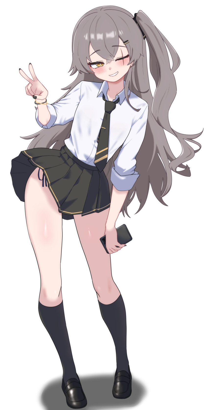 1girl absurdres alternate_costume black_nails black_necktie black_shoes black_skirt black_socks blush cellphone collared_shirt drop_shadow full_body girls&#039;_frontline girls&#039;_frontline_2:_exilium grey_hair hand_up highres holding holding_phone kneehighs korean_commentary leva_(girls&#039;_frontline_2) loafers long_hair looking_at_viewer necktie oldsickkim one_eye_closed one_side_up parted_lips phone scar scar_across_eye scar_on_face school_uniform shirt shirt_tucked_in shoes simple_background skirt sleeves_rolled_up smartphone smile socks solo standing thighs ump45_(girls&#039;_frontline) v very_long_hair white_background white_shirt