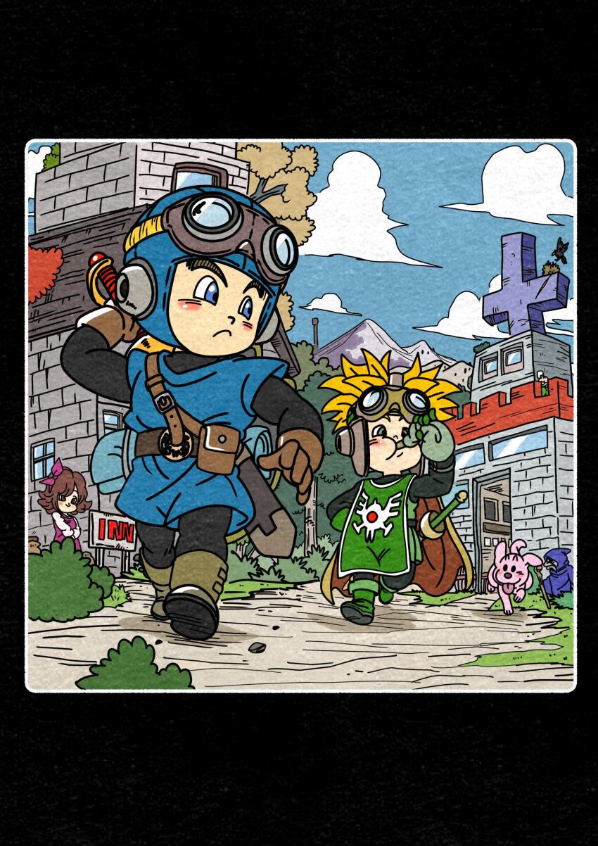 1girl 1other 3boys absurdres arm_up aviator_cap bird_nest black_bodysuit black_border blue_eyes blue_hat blue_sky blue_tunic bodysuit boots border brown_gloves brown_hair cape chibi cloud cousins cross dog dragon_quest dragon_quest_ii drinking fenyon gloves goggles goggles_on_headwear green_boots green_eyes green_gloves green_tabard hat highres male_focus multiple_boys orange_hair outdoors prince_of_lorasia prince_of_samantoria sky spiked_hair sword sword_on_back tabard tunic weapon weapon_on_back yellow_cape