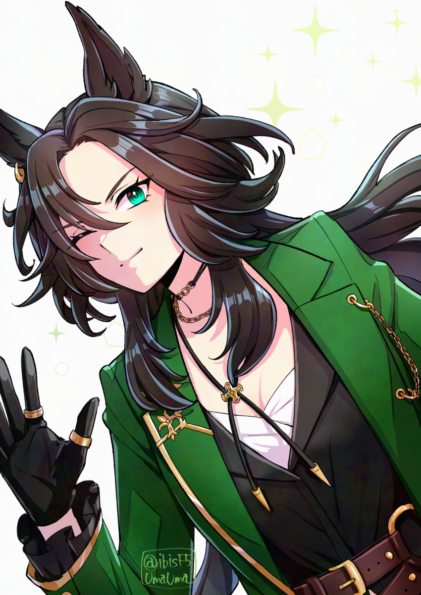 1girl animal_ears belt black_gloves black_shirt bolo_tie breasts brown_hair cleavage closed_mouth ear_piercing gloves green_eyes green_jacket hi_(ibisf5umauma) highres horse_ears jacket jewelry long_hair looking_at_viewer necklace o-ring o-ring_belt one_eye_closed open_clothes open_jacket piercing shirt simple_background smile solo sparkle speed_symboli_(umamusume) umamusume upper_body waving white_background