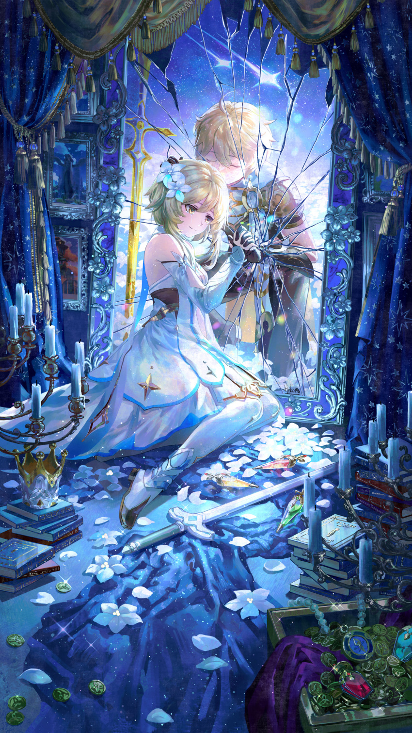 1boy 1girl absurdres aether_(genshin_impact) against_mirror ahoge arm_armor bare_shoulders black_gloves blonde_hair book boots braid breasts broken_mirror brother_and_sister brown_pants brown_shirt candlestand closed_eyes closed_mouth crack cracked_glass crown curtains detached_sleeves dress flower genshin_impact gloves hair_between_eyes hair_flower hair_ornament hebbtia highres holding_hands jewelry long_hair long_sleeves lumine_(genshin_impact) medium_breasts mirror mixed-language_commentary pants planted planted_sword planted_weapon scarf shirt short_hair short_hair_with_long_locks siblings sidelocks sitting smile sword thigh_boots weapon white_dress white_flower white_footwear white_scarf white_shirt white_sleeves yellow_eyes yokozuwari