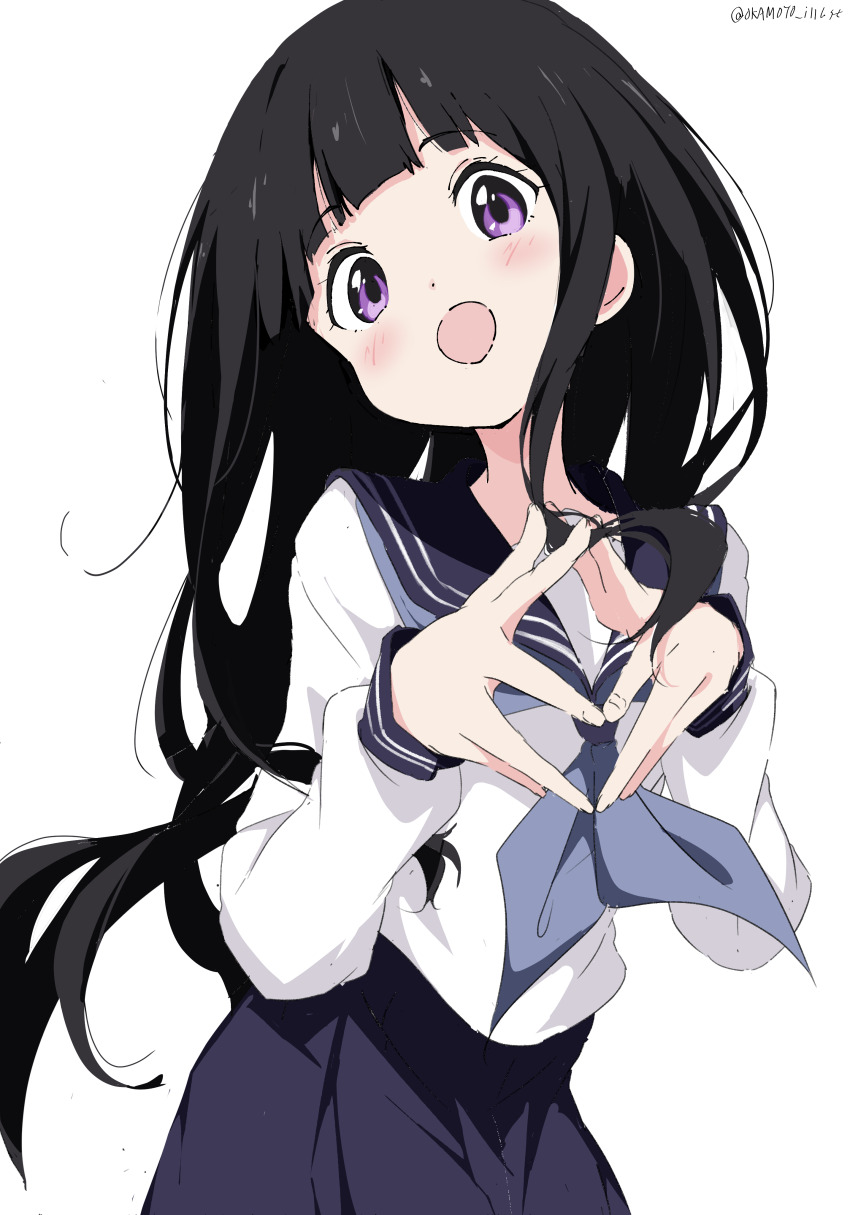 1girl absurdres black_hair blue_neckerchief blue_sailor_collar blue_skirt blunt_bangs blush chitanda_eru commentary cowboy_shot highres hyouka kamiyama_high_school_uniform_(hyouka) long_hair long_sleeves looking_at_viewer neckerchief open_mouth purple_eyes sailor_collar school_uniform shirt simple_background skirt solo steepled_fingers twitter_username white_background white_gorilla_(okamoto) white_shirt