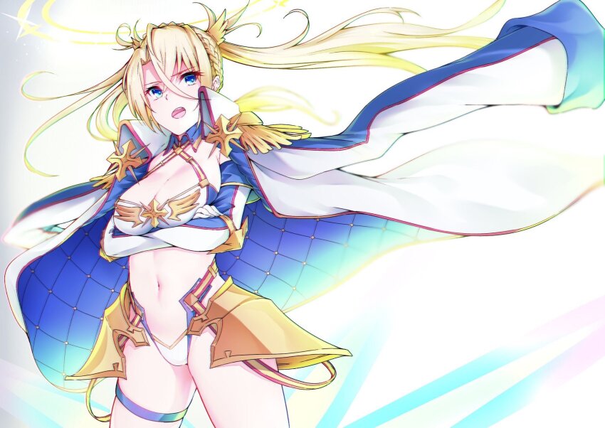 1girl armor bikini blonde_hair blue_bikini blue_eyes blue_gloves blush bradamante_(fate) bradamante_(third_ascension)_(fate) braid breasts cleavage coat coat_on_shoulders crossed_arms crown_braid elbow_gloves epaulettes fate/grand_order fate_(series) faulds gloves halo highleg highleg_bikini highres large_breasts len_(hand_linke) long_hair looking_at_viewer multicolored_bikini navel open_mouth solo swimsuit thigh_strap thighs twintails two-tone_bikini two-tone_gloves very_long_hair white_bikini white_gloves