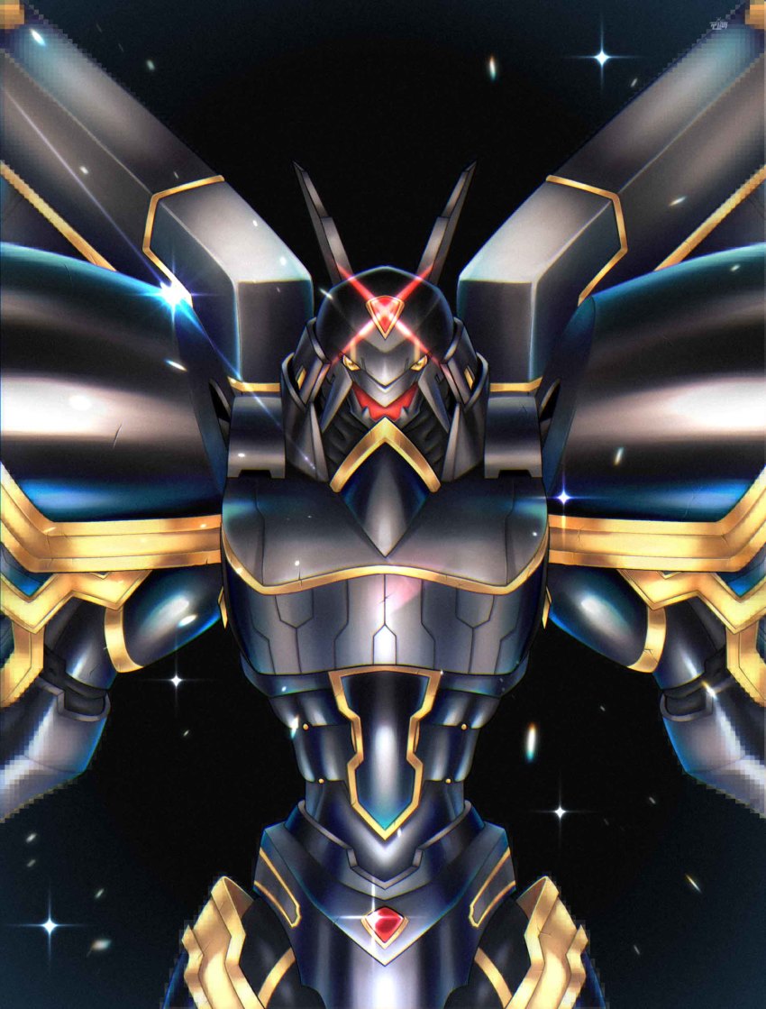 absurdres alphamon armor cape digicore digimon highres looking_at_viewer solo sparkle yellow_eyes