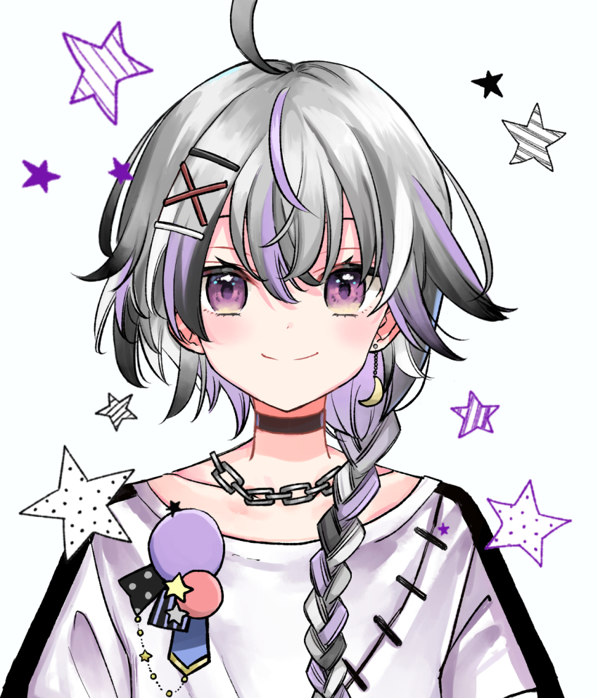 1girl ahoge black_choker chain choker closed_mouth collarbone copyright_request crescent crescent_earrings earrings hair_between_eyes hair_ornament hairclip highres jewelry mito_(go!go!king!) multicolored_hair purple_eyes purple_hair shirt simple_background smile solo star_(symbol) stitches streaked_hair upper_body virtual_youtuber white_background white_shirt x_hair_ornament