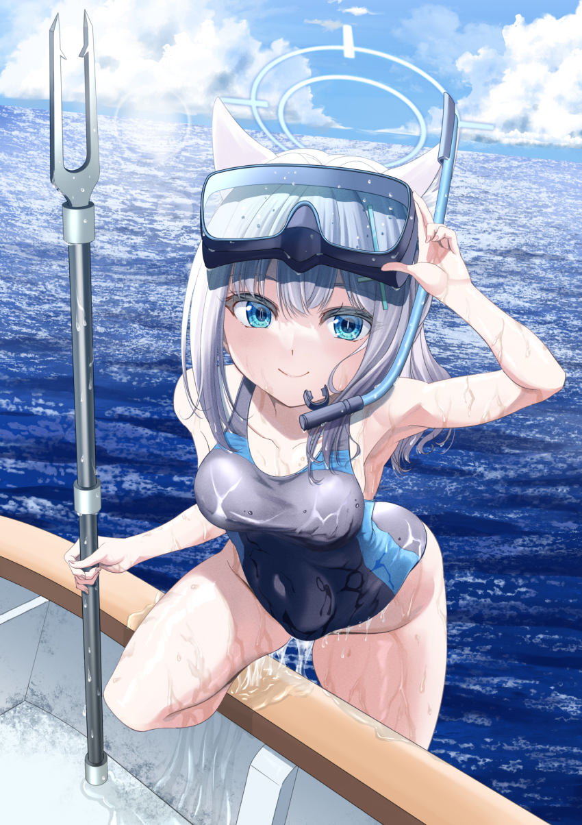 1girl animal_ear_fluff animal_ears black_one-piece_swimsuit blue_archive blue_eyes blue_sky boat breasts cloud competition_swimsuit covered_navel cross_hair_ornament day diving_mask diving_mask_on_head extra_ears goggles goggles_on_head grey_hair hair_ornament halo harpoon highres horizon kagura_hiromu looking_at_viewer low_ponytail medium_breasts medium_hair mismatched_pupils multicolored_swimsuit ocean official_alternate_costume one-piece_swimsuit outdoors ponytail shiroko_(blue_archive) shiroko_(swimsuit)_(blue_archive) sky smile snorkel solo swimsuit water watercraft wet wet_clothes wolf_ears