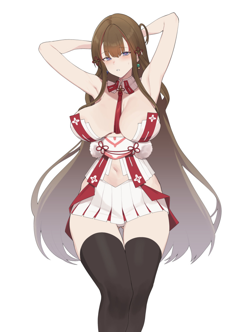 +_+ 1girl absurdres areola_slip armpit_crease armpits arms_behind_head arms_up black_thighhighs breasts brown_hair chinese_knot cleavage clothing_cutout commentary earrings flower-shaped_pupils frontless_outfit gluteal_fold hair_ornament hair_rings hairpin highres hip_vent invisible_chair jewelry kurowanjjyang long_hair looking_at_viewer mismatched_earrings multicolored_hair multiple_hairpins navel neck_tassel pink_pupils red_streaks revealing_clothes senran_kagura senran_kagura_new_link simple_background sitting solo streaked_hair symbol-shaped_pupils tassel thighhighs toki_(senran_kagura)