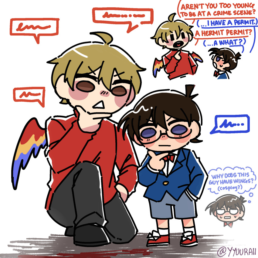 2boys ahoge bird_boy bird_wings black_hair bow bowtie brown_eyes brown_hair child commentary crossover deformed edogawa_conan english_commentary english_text glasses grian_(youtuber) hermitcraft highres male_focus meitantei_conan minecraft_youtube multiple_boys parrot_boy red_sweater short_hair simple_background speech_bubble sweater thinking white_background wings yuu_(yyuuraii)