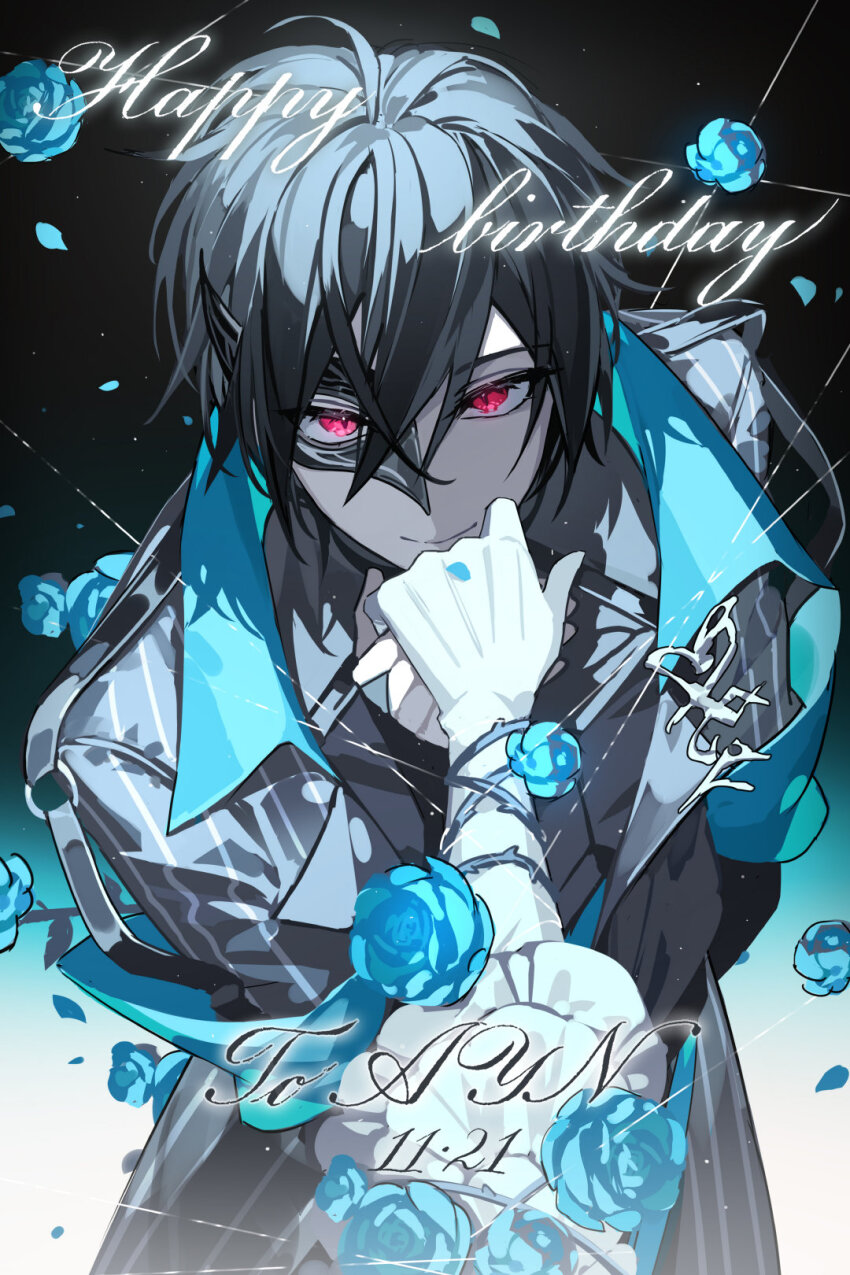 1boy arm_behind_back arm_vines ayn_alwyn black_arm_warmers black_background black_coat black_hair black_mask black_shirt blue_coat blue_flower blue_rose blue_shawl bowing character_name closed_mouth coat collared_coat cowboy_shot dated domino_mask entangled falling_flower falling_petals flower gloves gradient_background hair_between_eyes half_mask happy_birthday highres holding_hands imminent_kiss kazenemuri kiss kissing_hand lapel_pin leaning_forward long_sleeves looking_at_viewer lovebrush_chronicles male_focus mask open_clothes open_coat petals plant pov pov_hands puffy_long_sleeves puffy_sleeves puppet_strings red_eyes rose shawl shirt short_hair smile solo striped_coat thorns two-sided_coat two-sided_fabric upturned_eyes vertical-striped_coat vines white_gloves