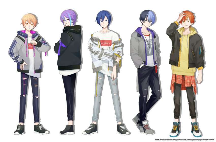 5boys absurdres adidas adjusting_hair aoyagi_touya april_fools aqua_hair black_hair black_jacket black_pants blonde_hair blue_eyes blue_hair dark_blue_hair full_body grey_eyes grey_footwear grey_jacket grey_pants highres ifuudoudou_(vocaloid) jacket jewelry kaito_(vocaloid) kamishiro_rui light_purple_hair long_sleeves looking_at_viewer medium_hair multicolored_hair multiple_boys necklace off_shoulder official_art one_eye_closed open_clothes open_jacket orange_hair pants project_sekai purple_hair rozu_ki shinonome_akito short_hair simple_background smile standing streaked_hair tenma_tsukasa tight_clothes tight_pants torn_clothes torn_pants vocaloid white_background white_jacket yellow_eyes