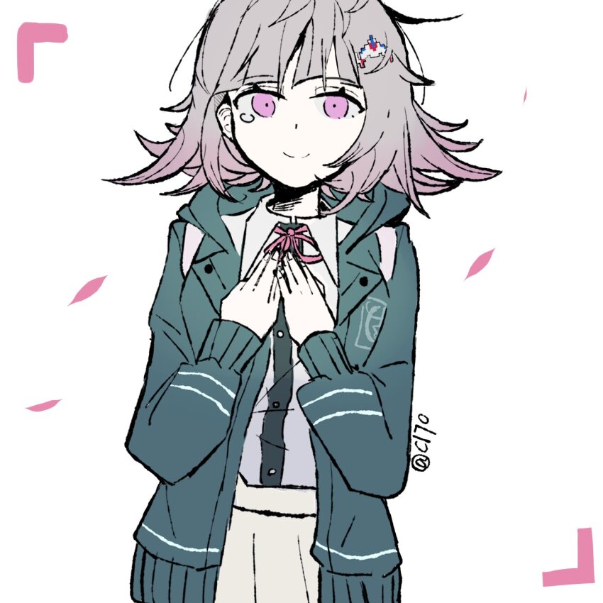 1girl artist_name black_shirt brown_hair brown_skirt cha_c170 cowboy_shot danganronpa_(series) danganronpa_2:_goodbye_despair dress_shirt flipped_hair galaga green_jacket hair_ornament hands_up highres jacket long_sleeves medium_hair miniskirt nanami_chiaki neck_ribbon open_clothes open_jacket petals pink_eyes pink_ribbon pleated_skirt ribbon shirt skirt smile solo tearing_up two-tone_shirt white_background