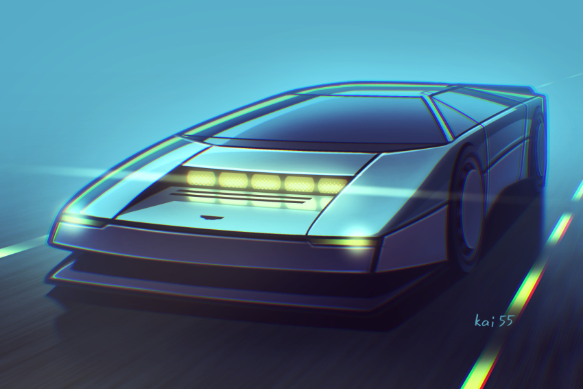 artist_name aston_martin aston_martin_bulldog car glowing grey_car kai55 motor_vehicle no_humans original road shadow sports_car vehicle_focus