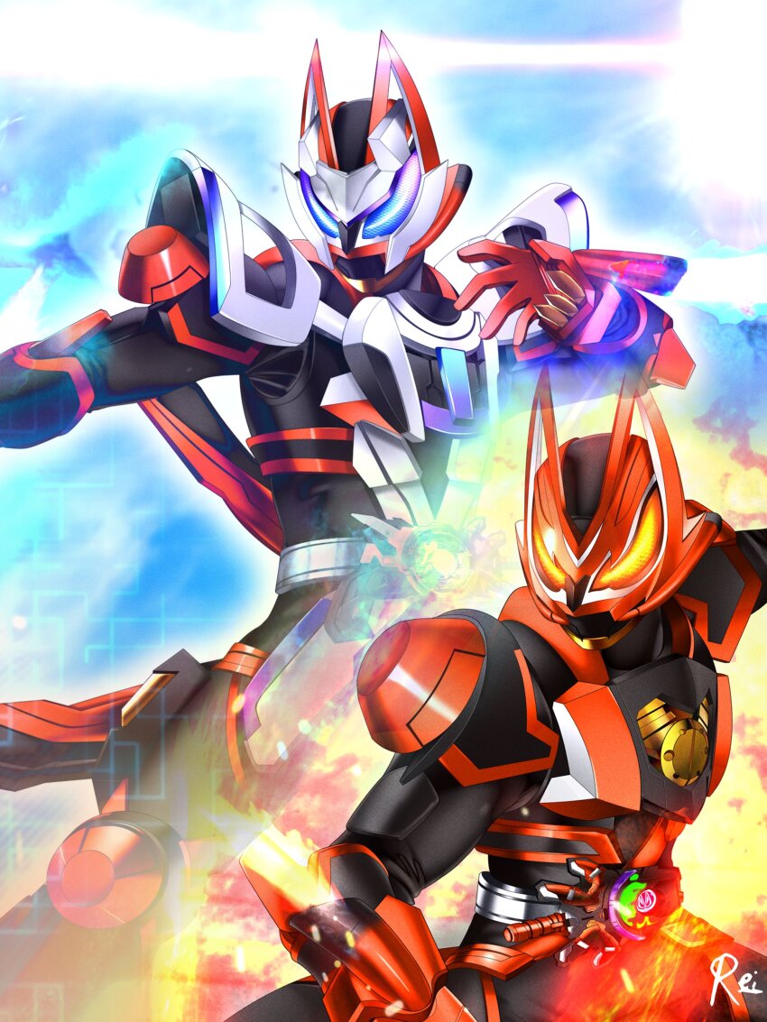 1boy absurdres animal_ears armor black_armor black_bodysuit blue_background blue_eyes bodysuit boost_mark_ii_buckle commentary commentary_request cowboy_shot cyberpunk desire_driver exhaust_pipe fighting_stance finishing_move fire flame_print fox fox_boy fox_ears fox_mask gloves glowing glowing_eyes gradient_eyes green_fire highres hitodama incoming_attack kamen_rider kamen_rider_geats kamen_rider_geats_(series) kamen_rider_geats_boost_mark_ii kamen_rider_geats_laser_boost_form kitsune laser_raise_riser male_focus mask mixed-language_commentary mouth_guard multicolored_eyes multiple_tails orange_eyes power_armor raise_buckle raised_fist red_footwear red_gloves reiei_8 rider_belt rider_kick shoulder_armor solo tail thighs tokusatsu upper_body white_armor