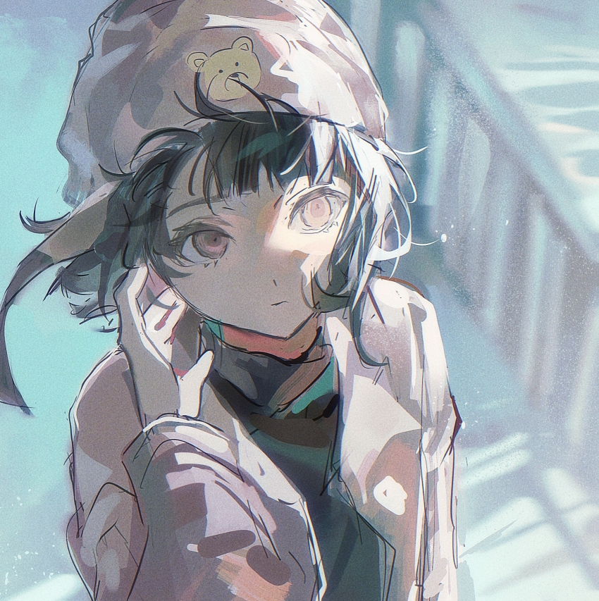 1girl arm_up brown_hair closed_mouth commentary dot_nose eyelashes floating_hair hat highres huang_du_du iwakura_lain jacket long_sleeves looking_up open_clothes open_jacket railing red_eyes serial_experiments_lain solo upper_body water wind