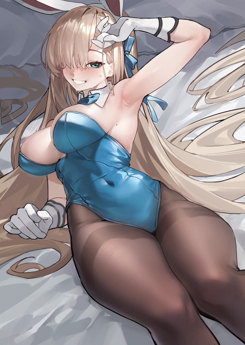 1girl absurdres animal_ears arm_up armpits asuna_(blue_archive) asuna_(bunny)_(blue_archive) blue_archive blue_eyes blue_leotard breasts brown_pantyhose chinese_commentary commentary_request covered_navel detached_collar fake_animal_ears gloves grin hair_spread_out highres large_breasts leotard light_brown_hair long_hair looking_at_viewer lushi_jin_up lying official_alternate_costume on_back on_bed pantyhose playboy_bunny presenting_armpit rabbit_ears smile solo strapless strapless_leotard sweat very_long_hair white_gloves