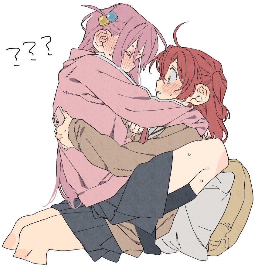 2girls ? ?? blush bocchi_the_rock! closed_eyes cube_hair_ornament dayama gotoh_hitori grabbing_another&#039;s_breast green_eyes groping guided_breast_grab guiding_hand hair_ornament hand_on_another&#039;s_back hand_on_another&#039;s_wrist highres jacket kita_ikuyo long_hair long_sleeves multiple_girls one_side_up pink_hair pink_jacket red_hair school_uniform simple_background skirt straddling sweat track_jacket upright_straddle white_background yuri