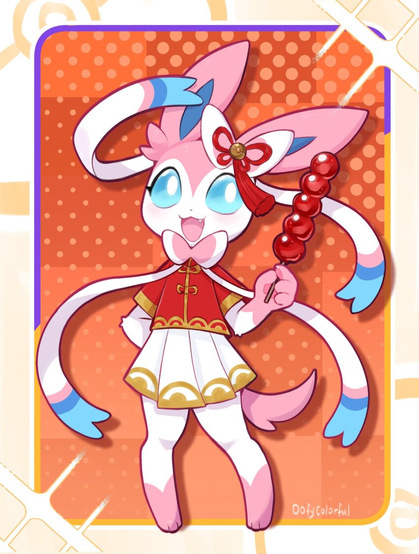 1girl :3 animal_ears animal_feet animal_hands blue_eyes bow chinese_clothes commentary fang food furry furry_female gen_6_pokemon hair_bow highres holding holding_food nintendo oofycolorful open_mouth personification pokemon pokemon_(creature) pokemon_unite red_shirt shirt skirt smile solo standing sylveon sylveon_(new_year) symbol-only_commentary tail tanghulu white_skirt
