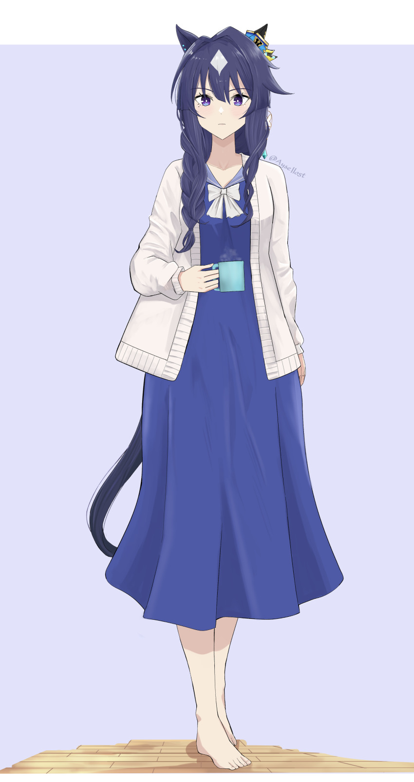 1girl absurdres animal_ears aysellost barefoot blue_dress blue_hair blush braid dress ear_covers full_body hair_between_eyes highres horse_ears horse_girl horse_tail long_hair looking_at_viewer loungewear mole mole_under_eye purple_background purple_eyes simple_background single_ear_cover solo standing sweater tail twitter_username umamusume verxina_(umamusume) white_sweater
