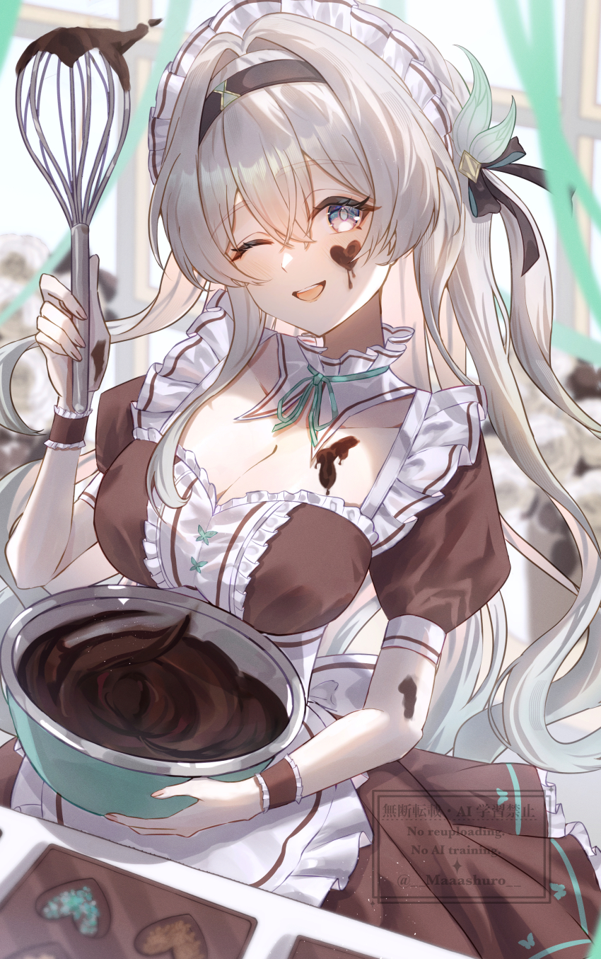 1girl absurdres alternate_costume apron black_bow black_dress blue_eyes bow bowl breasts candy chocolate chocolate_heart chocolate_making chocolate_on_face cleavage collar commentary_request detached_collar dress enmaided firefly_(honkai:_star_rail) food food_on_face frilled_collar frills gradient_hair green_ribbon hair_bow hair_spread_out heart heart-shaped_food highres holding holding_bowl holding_whisk honkai:_star_rail honkai_(series) indoors kitchen large_breasts long_hair looking_at_viewer maaashuro maid maid_headdress multicolored_eyes multicolored_hair neck_ribbon one_eye_closed open_mouth pink_eyes puffy_sleeves ribbon short_sleeves smile solo standing two-tone_eyes very_long_hair whisk white_apron white_collar white_hair window wrist_cuffs