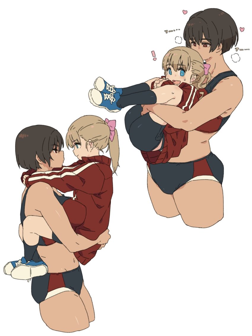 ! 2girls black_hair blonde_hair blue_eyes buruma carrying carrying_person dark-skinned_female dark_skin eye_contact gym_uniform hair_ribbon heart height_difference highres kei_(m_k) leg_lock long_hair looking_at_another m_k multiple_girls original ponytail red_eyes ribbon rika_(m_k) shoes short_hair short_shorts shorts simple_background smile sneakers standing standing_leg_lock tall_female tank_top thighs tomboy track_uniform white_background yuri
