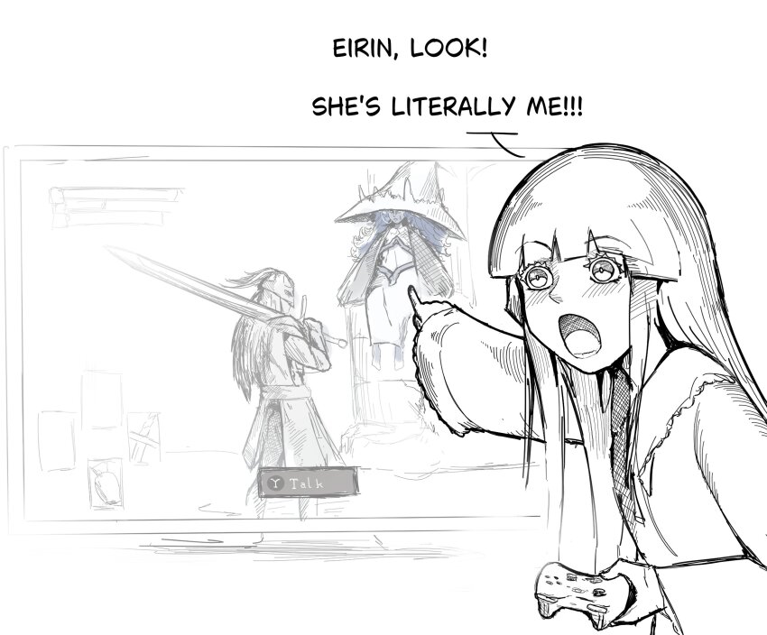 1girl 4rdilla commentary controller elden_ring english_commentary english_text game_controller greyscale highres hime_cut houraisan_kaguya long_hair long_sleeves monochrome open_mouth pointing ranni_the_witch solo tarnished_(elden_ring) television touhou upper_body