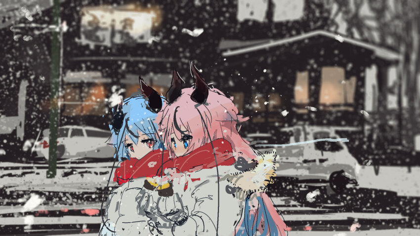 2others alternate_costume blue_eyes blue_hair blurry blurry_background building car commentary_request day down_jacket food from_side gloves hands_up highres holding holding_food horns jacket kabuyama_kaigi kei_truck long_hair long_sleeves looking_at_another meika_hime meika_mikoto motor_vehicle multiple_others outdoors pink_hair red_eyes red_scarf roasted_sweet_potato scarf sharing_food siblings side-by-side snowing steam sweet_potato truck upper_body utility_pole vocaloid white_gloves white_jacket winter