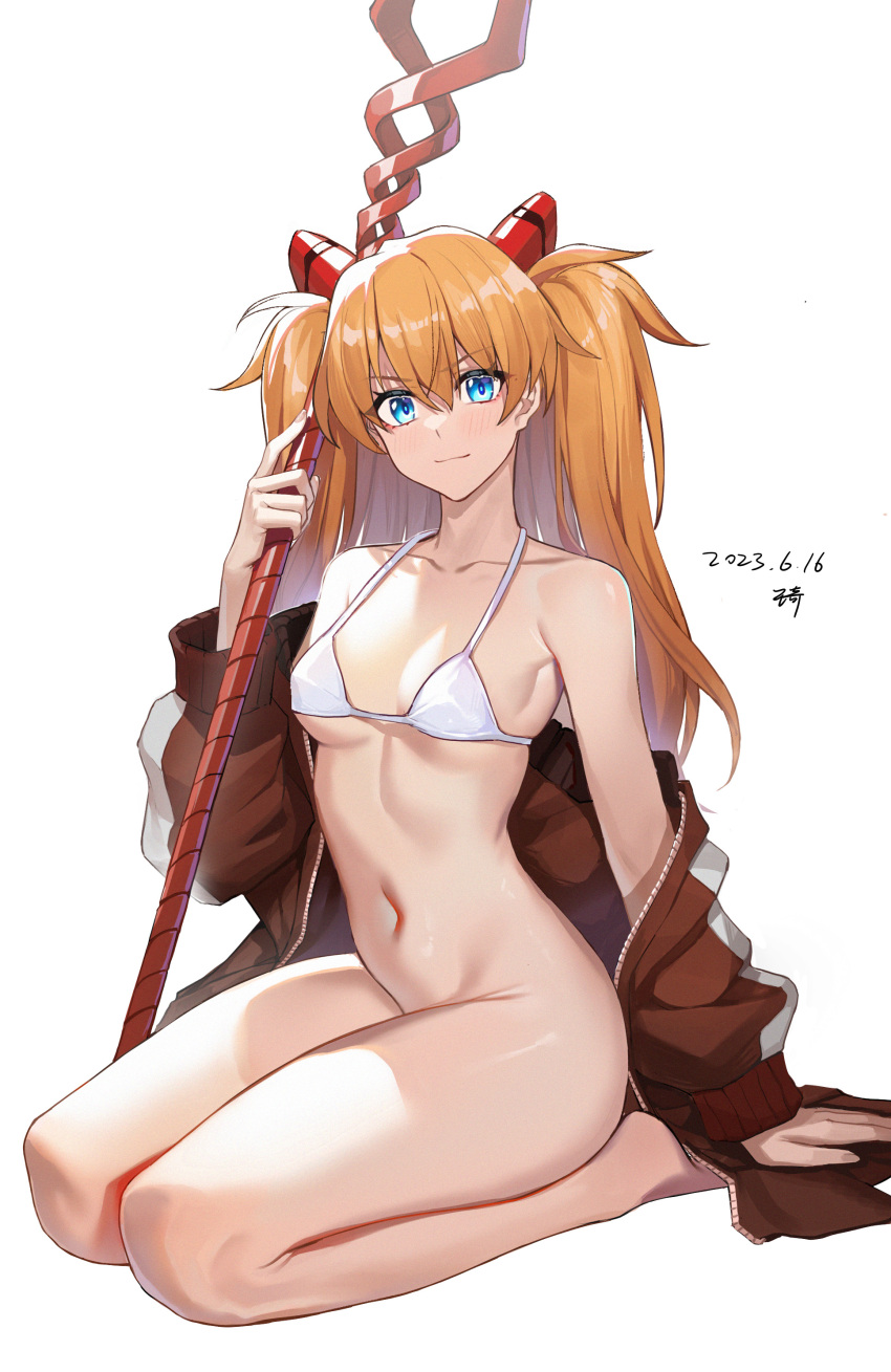 1girl absurdres arm_support bare_legs barefoot bident bikini bikini_top_only blush bottomless breasts breasts_apart collarbone dated highres holding holding_polearm holding_weapon jacket jacket_partially_removed lance_of_longinus_(evangelion) light_smile long_hair looking_at_viewer navel neon_genesis_evangelion orange_hair polearm seiza signature simple_background sitting small_breasts souryuu_asuka_langley stomach swimsuit track_jacket two_side_up very_long_hair wangqi weapon white_background white_bikini
