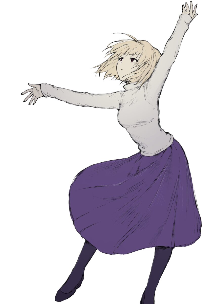 1girl ahoge arcueid_brunestud arm_up arms_at_sides blonde_hair breasts curvy floating_clothes floating_hair high_heels highres outstretched_arms pantyhose purple_skirt red_eyes short_hair simple_background skirt spread_arms spread_legs sweater tara3763 tsukihime turtleneck turtleneck_sweater white_background