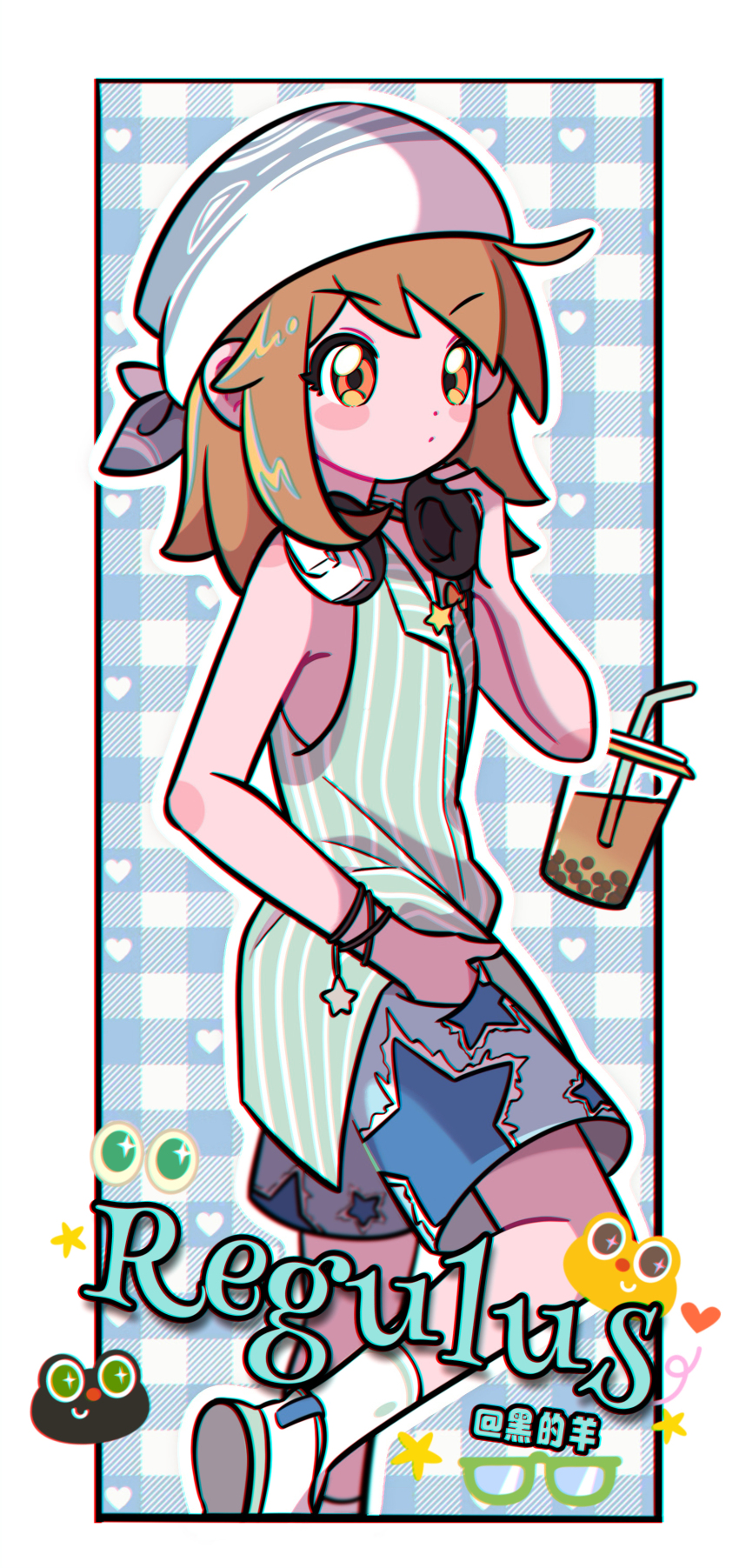 1girl absurdres artist_name bare_arms blue_background blue_shorts border bracelet brown_hair bubble_tea character_name chromatic_aberration closed_mouth cup disposable_cup dot_mouth drink drinking_straw foot_out_of_frame from_side green_shirt hand_in_pocket hand_up headphones headphones_around_neck headscarf hei_de_yang_sheep highres holding holding_headphones jewelry leg_up official_alternate_costume orange_eyes plaid_background print_shorts regulus_(reverse:1999) reverse:1999 shirt shoes shorts sleeveless sleeveless_shirt socks solo standing standing_on_one_leg star_(symbol) star_bracelet star_print white_border white_headscarf white_shoes white_socks