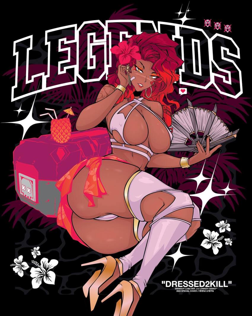 1girl alternate_costume alternate_hairstyle animification apex_legends bikini bracelet breasts brown_eyes cameltoe cleavage cocktail_umbrella commentary covered_erect_nipples criss-cross_halter dark-skinned_female dark_skin death_box_(apex_legends) drinking_straw earrings english_commentary eyeshadow flower folding_fan food fruit garra_de_alanza gold_footwear grey_bikini grey_thighhighs hair_behind_ear hair_flower hair_ornament halterneck hand_fan heart high_heels highres holding holding_fan hoop_earrings jewelry large_breasts loba_(apex_legends) looking_at_viewer lowkey_geeks lying makeup mole mole_under_mouth on_side parted_lips pineapple red_eyeshadow red_flower red_hair smile solo sparkle speech_bubble swimsuit thighhighs white_flower