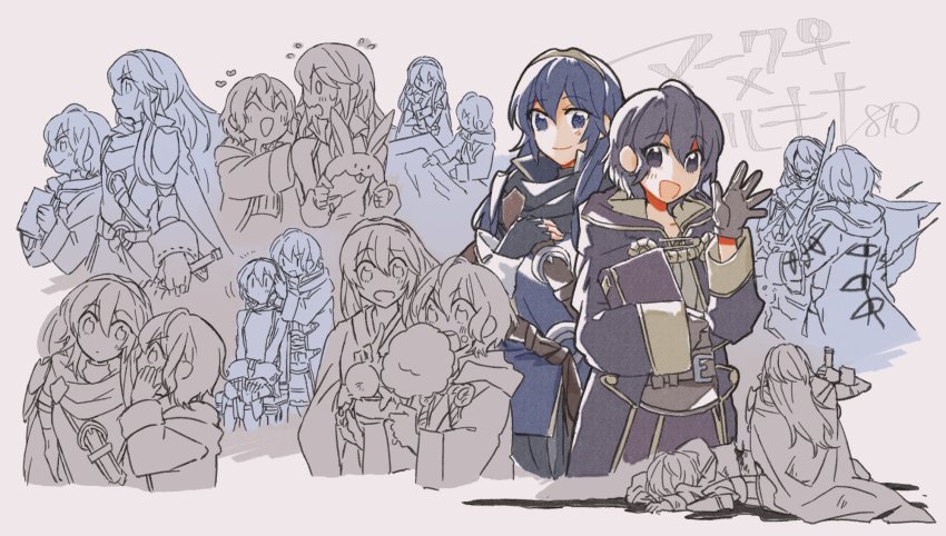 2girls animal_ears animal_hood batoson54 belt black_eyes black_hair blue_eyes blue_hair book cape collage eating fingerless_gloves fire_emblem fire_emblem_awakening gloves hair_between_eyes highres holding holding_book holding_sword holding_weapon hood long_hair looking_at_viewer lucina_(fire_emblem) female_morgan_(fire_emblem) multiple_girls nintendo rabbit_ears rabbit_hood short_hair sword tiara weapon