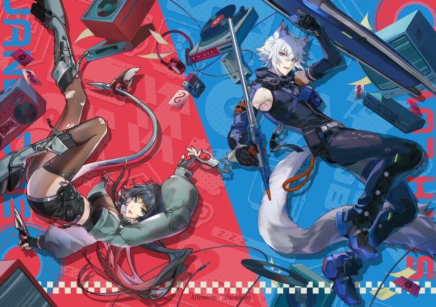 1boy 1girl absurdres album_cover allenerie animal_ears artist_collaboration artist_name baton_(weapon) black_gloves black_hair black_pants black_pantyhose black_pouch black_shirt black_shorts black_thighhighs blue_eyes boombox breasts camera card cassette_player commentary cover crop_top crt cuffs darkavey english_commentary fingerless_gloves gloves gradient_hair green_eyes green_jacket hair_between_eyes handcuffs headphones high-waist_shorts highres holding holding_baton holding_handcuffs holding_shield jacket jane_doe_(zenless_zone_zero) knife large_breasts looking_at_viewer merchandise_available midriff mouse_girl mouse_tail multicolored_hair open_mouth pants pantyhose parted_lips playing_card police police_uniform red_hair ribbed_shirt seth_lowell sharp_tail shield shirt short_hair shorts single_leg_pantyhose single_thighhigh smile stereo tail thighhighs thighs toned toned_male torn_clothes torn_pantyhose torn_thighhighs weapon white_hair wolf_boy wolf_ears wolf_tail zenless_zone_zero