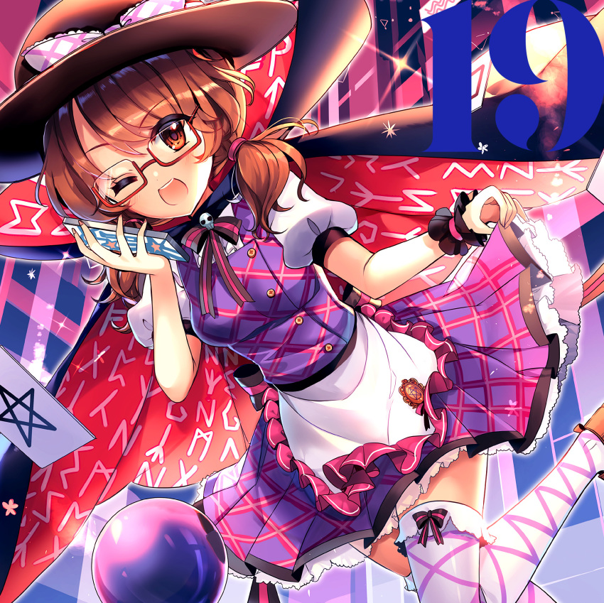 1girl apron black_cape black_hat black_ribbon blush bow breasts brown_eyes brown_hair brown_shoes cape card cellphone fedora feet_out_of_frame female_focus frilled_apron frills glasses hat hat_bow high_collar highres holding holding_phone kirero leg_up looking_at_viewer low_twintails medium_breasts miniskirt neck_ribbon occult_ball one_eye_closed open_mouth pentagram petticoat phone pink_ribbon puffy_short_sleeves puffy_sleeves purple_skirt red-framed_eyewear ribbon runes semi-rimless_eyewear shirt shoes short_sleeves skirt skirt_hold skirt_set smartphone smile solo striped_ribbon thighhighs thighs touhou twintails under-rim_eyewear usami_sumireko violet_detector waist_apron white_apron white_bow white_shirt white_thighhighs wrist_cuffs zener_card zettai_ryouiki
