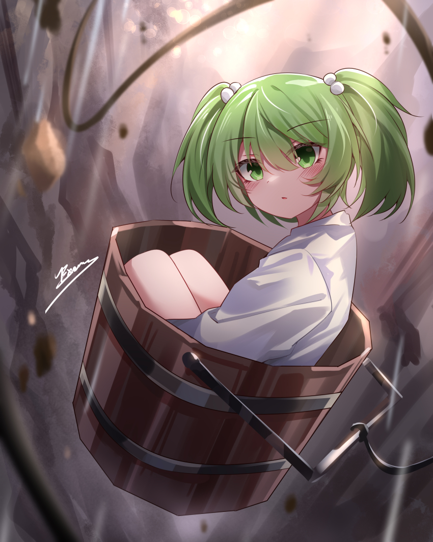 1girl absurdres bucket green_eyes green_hair hair_bobbles hair_ornament highres in_bucket in_container japanese_clothes kimono kisume light_blush looking_at_viewer medium_hair parted_lips signature sitting solo top-exerou touhou twintails white_kimono wide_sleeves