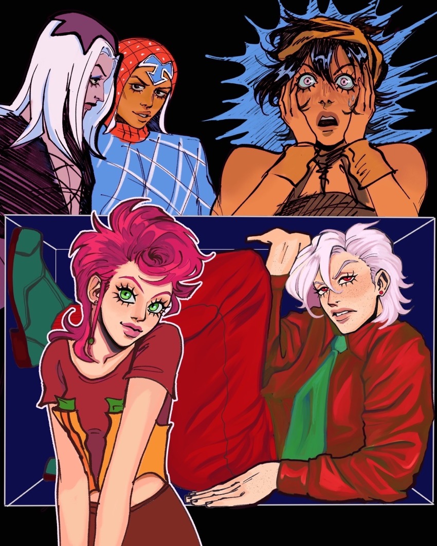 1girl 4boys argyle_clothes argyle_sweater black_hair clip_studio_paint_(medium) earrings guido_mista hairband hat highres jewelry jojo_no_kimyou_na_bouken leone_abbacchio lipstick long_hair makeup marzimars multiple_boys narancia_ghirga necktie open_mouth pannacotta_fugo pectoral_cleavage pectorals pink_hair plunging_neckline short_hair sweater trish_una turtleneck vento_aureo wristband
