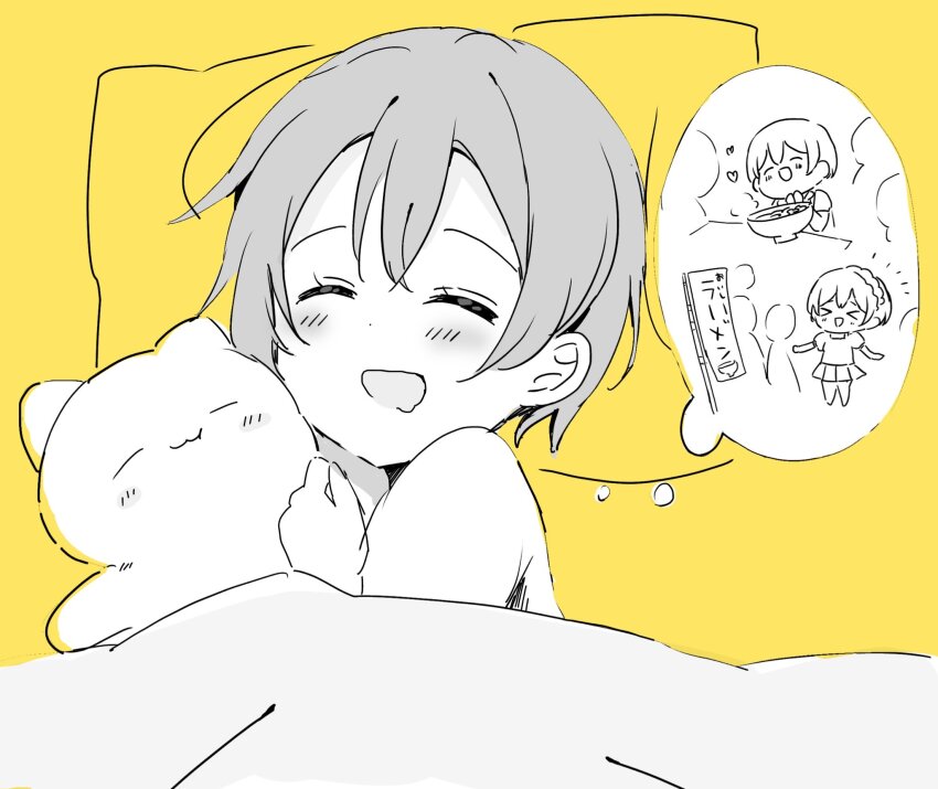 &gt;_&lt; 1girl :d aged_down blush commentary_request double-parted_bangs dreaming drooling food greyscale_with_colored_background happy head_on_pillow highres hoshizora_rin love_live! love_live!_school_idol_project lying miniskirt mouth_drool noodles on_bed on_side open_mouth pillow pleated_skirt ramen short_hair skirt sleeping smile stuffed_animal stuffed_cat stuffed_toy tukiwa_poyo under_covers upper_body xd yellow_background