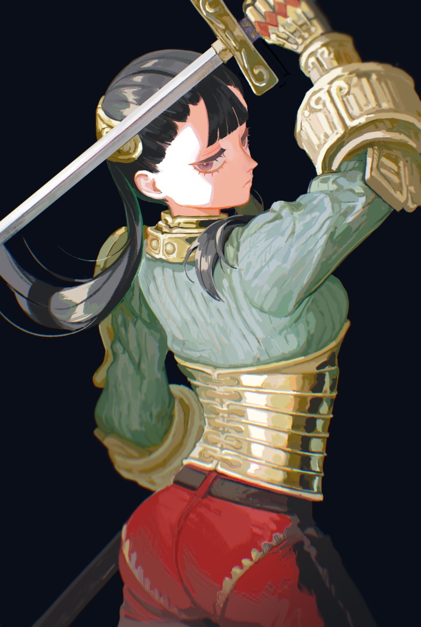 1girl absurdres arm_up armor ashei ass black_background black_eyes black_hair chromatic_aberration closed_mouth eyelashes gauntlets gold_armor green_hair half-closed_eyes highres holding holding_sword holding_weapon long_eyelashes long_hair looking_at_viewer looking_back mossan351 multicolored_eyes multicolored_hair nintendo painterly pauldrons purple_eyes red_eyes scabbard sheath shoulder_armor simple_background single_pauldron solo sword the_legend_of_zelda the_legend_of_zelda:_twilight_princess twintails vambraces weapon
