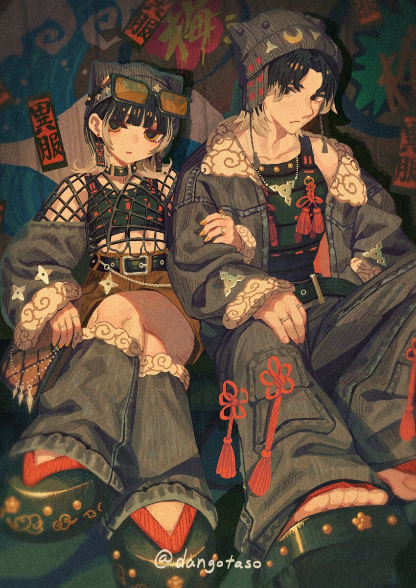 1boy 1girl animal_ears animal_hat beanie belt belt_buckle black-framed_eyewear black_belt black_hair black_sandals black_tank_top brown-tinted_eyewear brown_eyes brown_skirt buckle closed_mouth commentary_request crescent detached_pants eyewear_on_head fake_animal_ears glasses grey_hair grey_hat grey_jacket grey_pants hat highres jacket jewelry long_sleeves multicolored_hair open_clothes open_jacket original pants puffy_long_sleeves puffy_sleeves ring sandals sitting skirt sleeves_past_wrists streaked_hair tank_top tinted_eyewear twitter_username usagino_suzu zouri