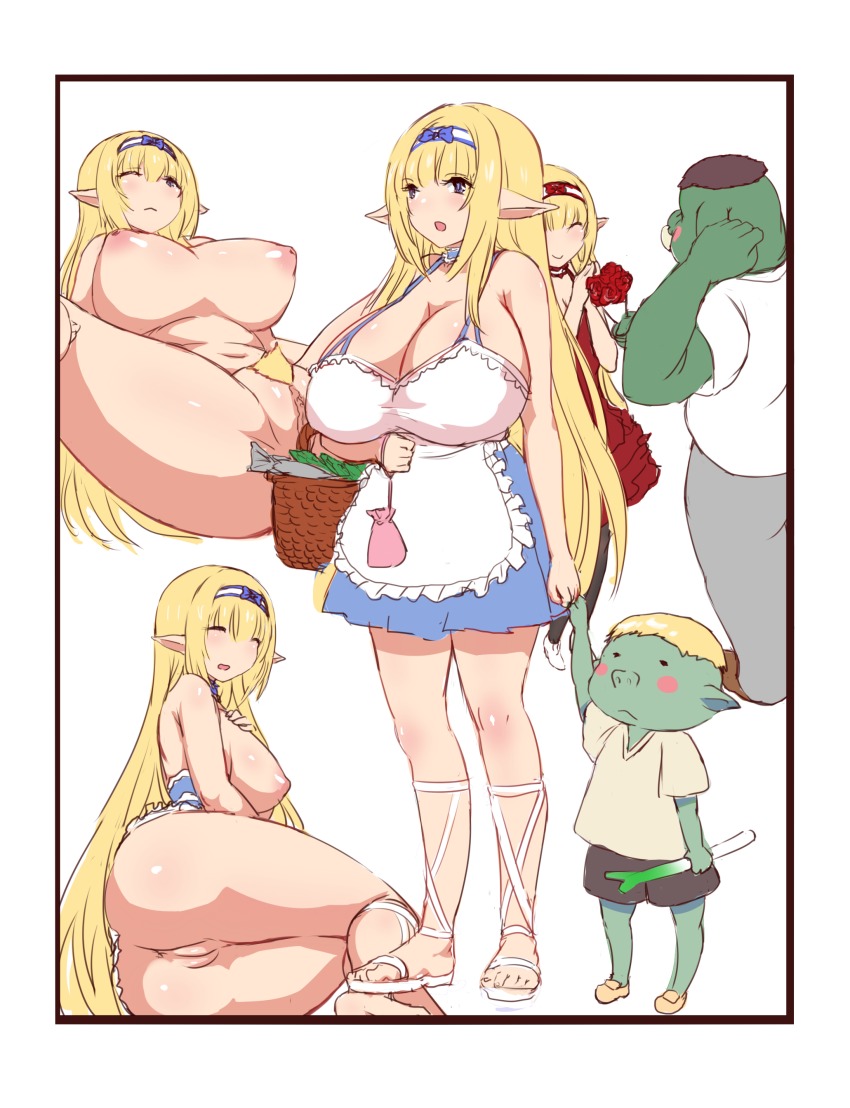 1girl 2boys absurdres anus ass basket blonde_hair blue_eyes bouquet breasts cleavage closed_eyes dress elf flower hairband highres hu_sea huge_breasts inverted_nipples long_hair mother_and_son multiple_boys multiple_views nipples nude one_eye_closed open_mouth orc plant pointy_ears puffy_nipples pussy rose spread_legs spring_onion uncensored very_long_hair white_background