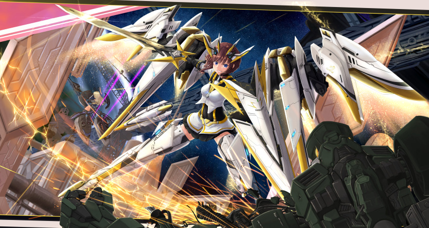 1girl absurdres alice_gear_aegis armor armored_boots battle blue_eyes boots brown_hair headgear highres holding holding_weapon kanagata_sugumi laser mecha_musume shield short_hair skirt solo_focus sword taida_jun weapon