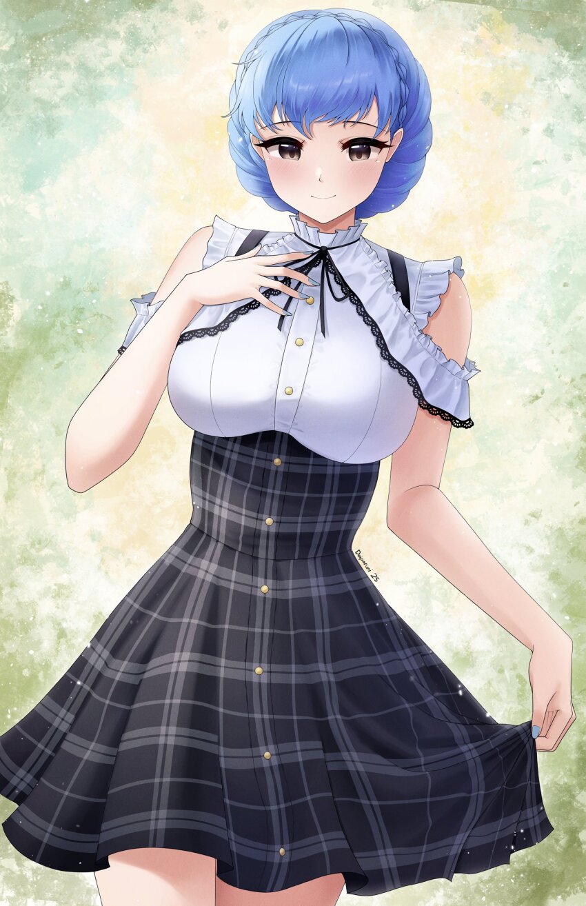 1girl alternate_costume blue_hair blue_nails blush braid breasts brown_eyes closed_mouth clothes_lift crown_braid doiparuni dress fire_emblem fire_emblem:_three_houses hand_on_own_chest highres large_breasts lifting_own_clothes long_hair looking_at_viewer marianne_von_edmund marianne_von_edmund_(timeskip) nintendo plaid_clothes plaid_dress short_hair skirt skirt_hold skirt_lift sleeveless sleeveless_dress smile