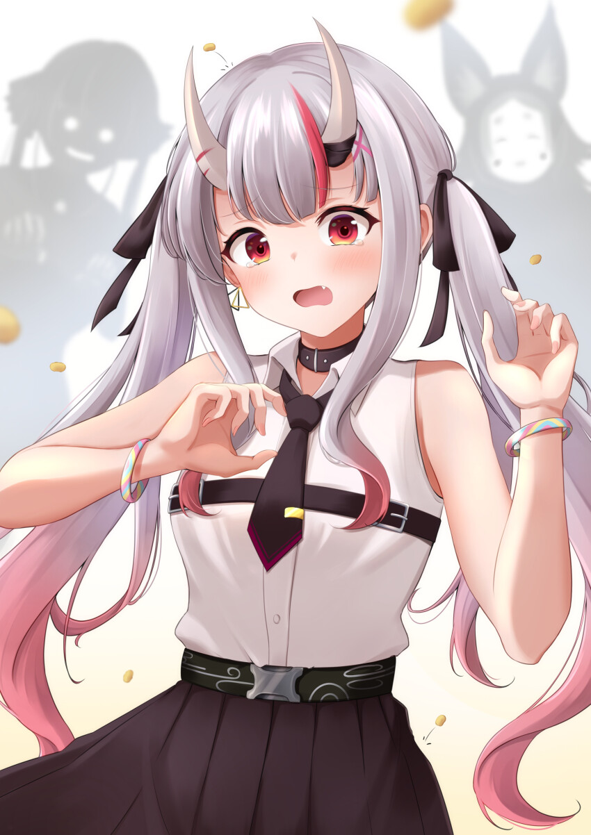 1other 2girls absurdres bare_shoulders belt_collar black_necktie black_skirt bracelet collar fang highres hololive horns houshou_marine jewelry kaigan long_hair looking_at_viewer multicolored_hair multiple_girls nakiri_ayame nakiri_ayame_(streetwear) necktie oni open_mouth orange_eyes pleated_skirt red_hair setsubun shirt_tucked_in skirt smile twintails virtual_youtuber white_hair