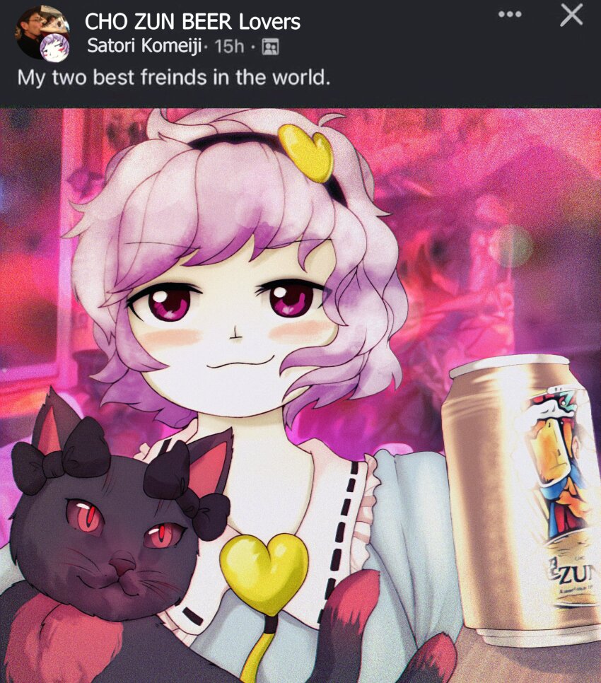 1girl beer_can black_bow black_cat black_hairband bow can cat closed_mouth commentary drink_can dungeon_toaster english_text hairband heart highres holding holding_can kaenbyou_rin kaenbyou_rin_(cat) komeiji_satori looking_at_viewer multiple_tails pink_eyes pink_hair red_eyes short_hair tail touhou two_tails upper_body zun zun_(style)