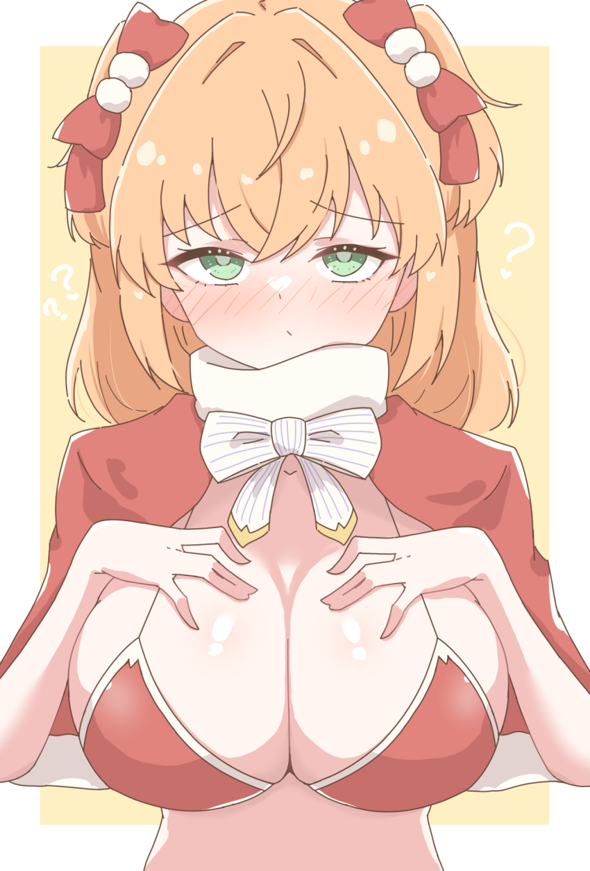 1girl ? ?? adapted_costume bikini blush border bow bowtie breast_suppress breasts capelet cleavage closed_mouth commentary_request crossed_bangs fuyu_no_okurimono_(love_live!) green_eyes hair_bow highres hinoshita_kaho large_breasts link!_like!_love_live! looking_at_viewer love_live! medium_hair nose_blush official_alternate_hairstyle orange_hair outside_border pinstripe_bow pinstripe_bowtie raised_eyebrows red_bikini red_bow red_capelet rokoroko_65 santa_bikini santa_costume simple_background solo string_bikini swimsuit two_side_up virtual_youtuber white_border white_bow white_bowtie yellow_background