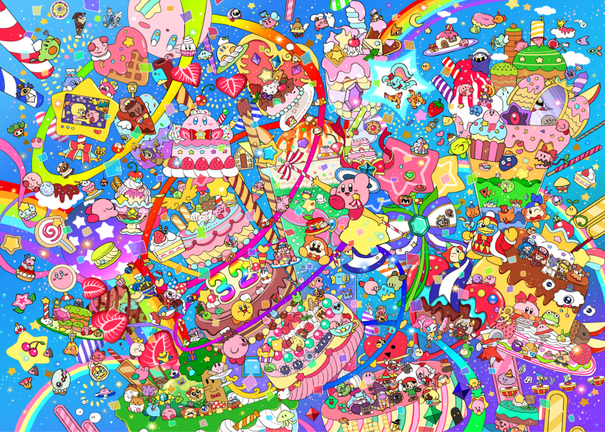 adeleine anniversary bandana bandana_waddle_dee black_hair blonde_hair blue_bandana blue_eyes blue_hair blush bow bowtie broom cake car_mouth character_request cherry copyright_request crown cup donut facial_hair flamberge_(kirby) food fork francisca_(kirby) fruit gift hat heart highres holding holding_cup holding_fork holding_paint_palette holding_paintbrush holding_paint_palette ice_cream king_dedede kirby kirby&#039;s_dream_land kirby:_right_back_at_ya! kirby_(series) macaron magolor marx_(kirby) maxim_tomato mirror musical_note mustache niji024 nintendo one_eye_closed paint_palette paintbrush paint_palette party_hat pastry_bag pink_hair red_bow red_bowtie red_hair ribbon_(kirby) smile strawberry sundae top_hat tree waddle_dee zan_partizanne