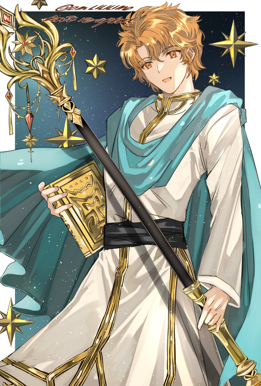 1boy absurdres artur_(fire_emblem) book fire_emblem fire_emblem:_the_sacred_stones highres holding holding_book holding_staff male_focus nintendo omlililimo orange_eyes orange_hair smile solo staff