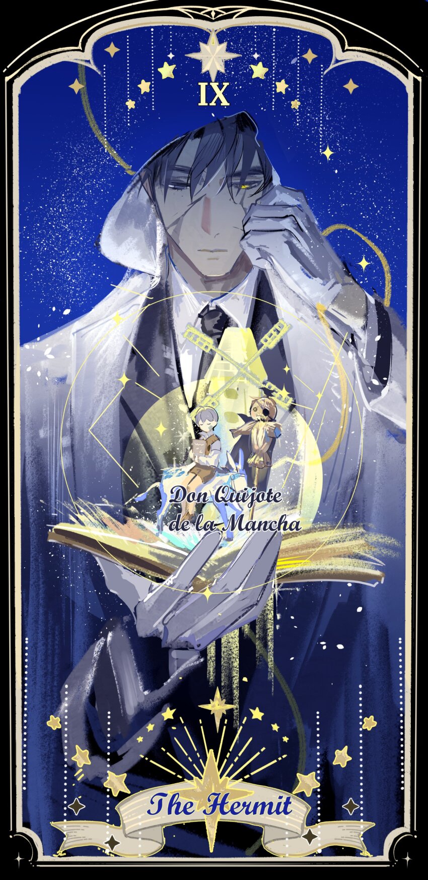 2boys absurdres bandage_on_face bandages black_eyes black_hair black_necktie black_suit book border canvas_texture circle closed_eyes coat collared_shirt constellation formal_clothes gloves grey_hair heterochromia highres holding holding_book hood hood_up kim_dokja lantercat mini_person miniboy multiple_boys multiple_scars necktie night night_sky omniscient_reader&#039;s_viewpoint open_book ornate_border partially_invisible pulling_own_clothes scar scar_on_face scarecrow secretive_plotter shirt size_difference sky sparkle spotlight star_(sky) starry_sky suit tarot the_hermit_(tarot) tunic white_coat white_gloves white_shirt windmill yellow_eyes