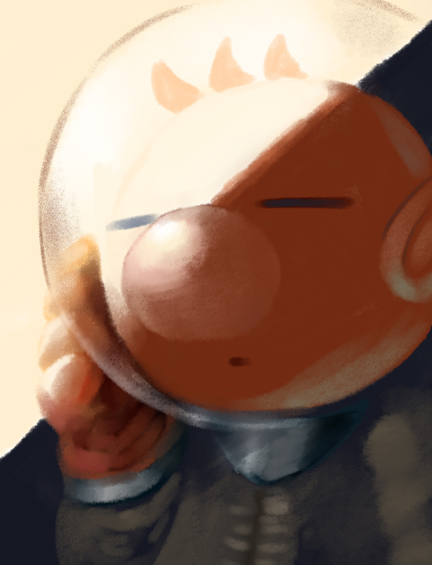 1boy absurdres big_nose black_background brown_hair closed_eyes commentary_request expressionless gloves hand_on_headwear helmet highres iat-418 male_focus nintendo olimar parted_lips pikmin_(series) pointy_ears red_gloves short_hair solo space_helmet spacesuit sunlight two-tone_background upper_body very_short_hair yellow_background