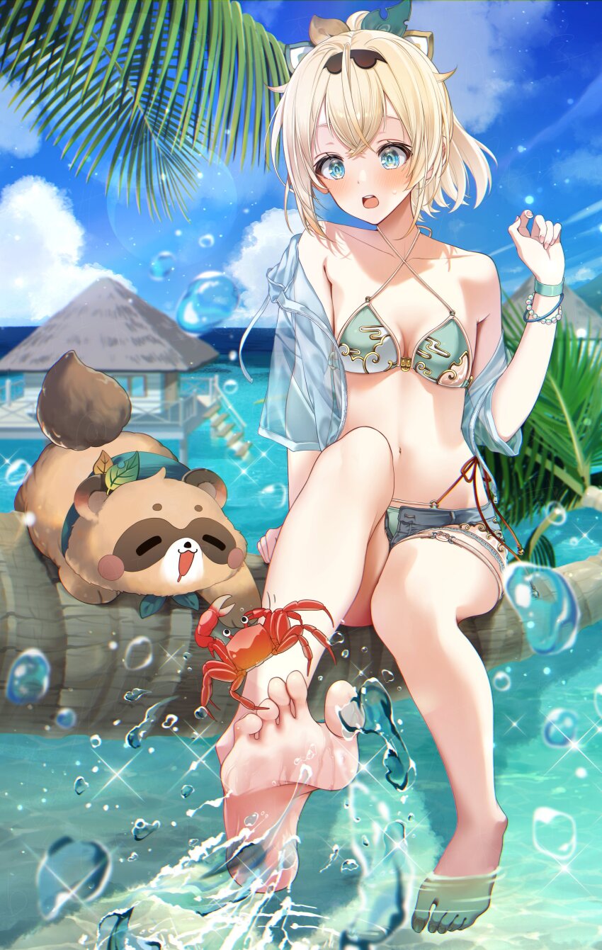 1girl absurdres aqua_eyes bare_shoulders bikini blonde_hair blue_eyes blush bracelet breasts collarbone crab criss-cross_halter criss-cross_straps denim denim_shorts green_bikini hairband halterneck highres hololive jacket jewelry kazama_iroha looking_at_viewer mamdtsubu navel ocean open_clothes open_jacket open_mouth outdoors palm_leaf palm_tree pokobee ponytail see-through_clothes see-through_jacket short_hair shorts sitting stomach swimsuit tanuki tree virtual_youtuber water