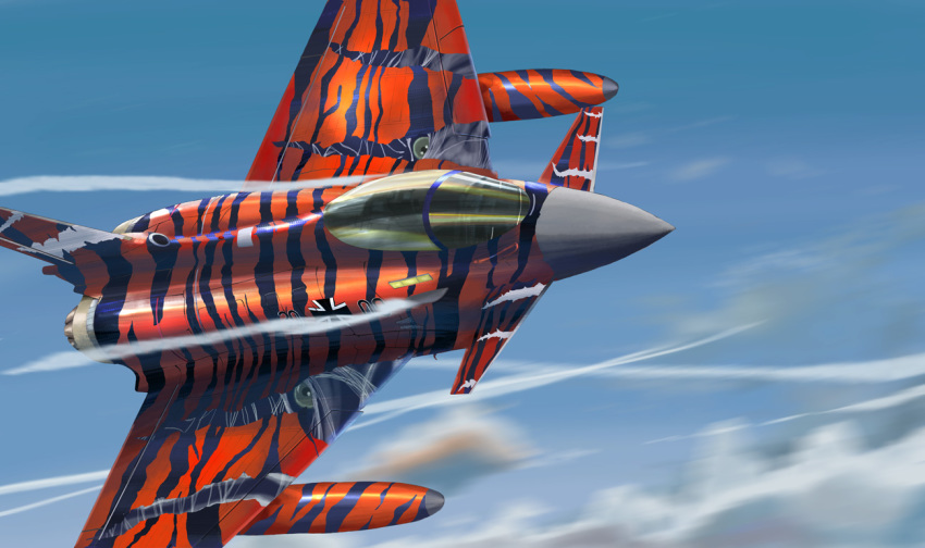 aircraft airplane animal_print bad_id bad_pixiv_id camouflage canards canopy cloud cockpit contrail delta_wing eurofighter_typhoon fighter_jet germany i.t.o_daynamics luftwaffe military military_vehicle motion_blur real_life realistic tiger_print tiger_stripes vehicle_focus