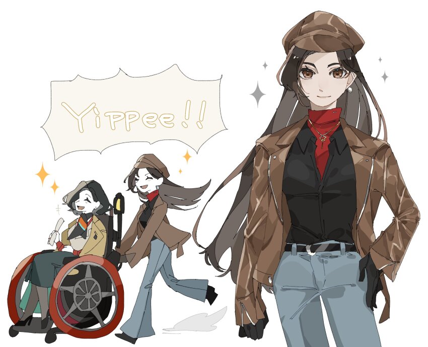 black_boots black_hair black_shirt bob_cut boots brown_hair brown_jacket collared_shirt denim highres jacket jeans leather leather_jacket ms_r_r noire_(reverse:1999) pants pencil_skirt qi_xing_(reverse:1999) reverse:1999 scarf shirt skirt smile sparkle speech_bubble sweater turtleneck turtleneck_sweater walking wheelchair
